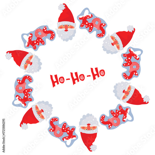 Santa and lettered text frame. Christmas border with funny character head and hand written xmas. Ho-Ho-Ho poster with cartoon objects composition. Festive vector card isolated on white background.