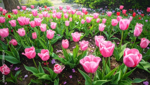 Vibrant pink tulips in a garden bed