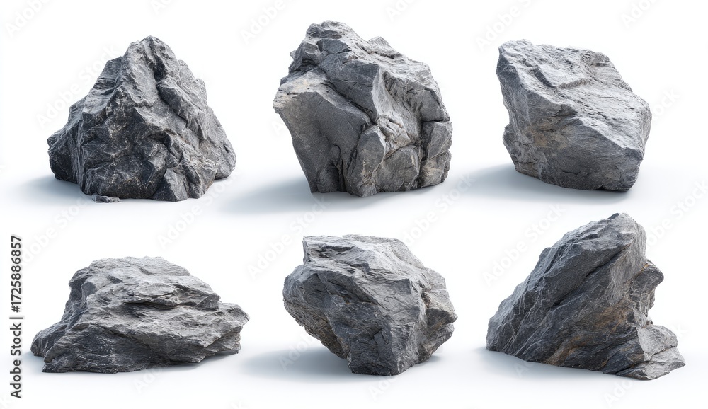 Naklejka premium Collection of various grey rocks, isolated on white