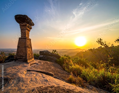 Sunset over a vast landscape, featuring an ancient stone structure atop a rocky outcrop