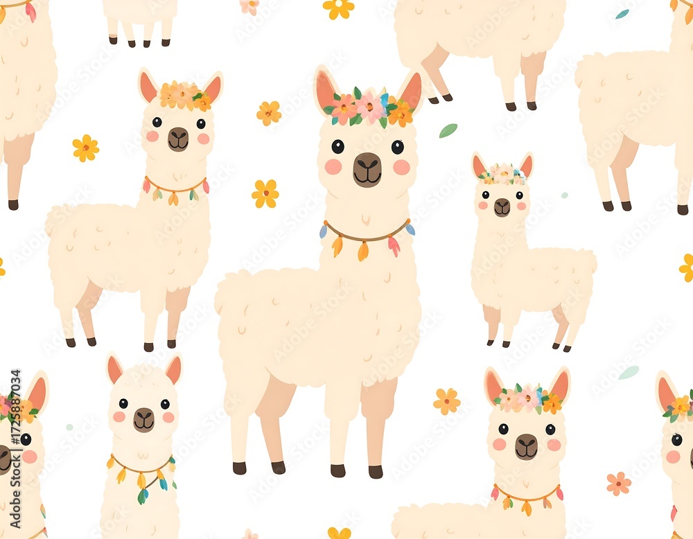 Obraz premium Charming Llama Pattern with Flower Crowns