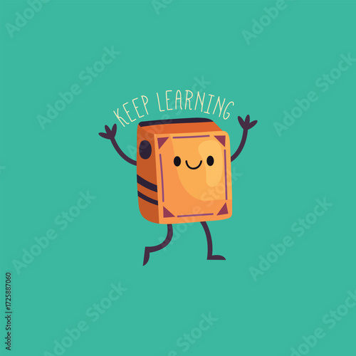 Cute Cartoon Book Character Running with Keep Learning Message