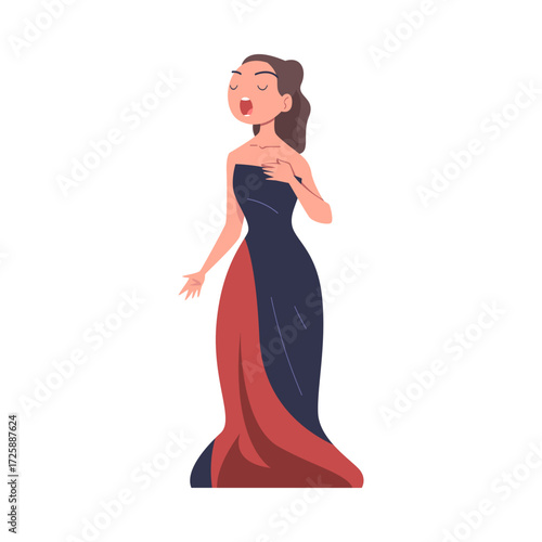 Woman Opera Singer and Musician Singing on Stage Vector Illustration