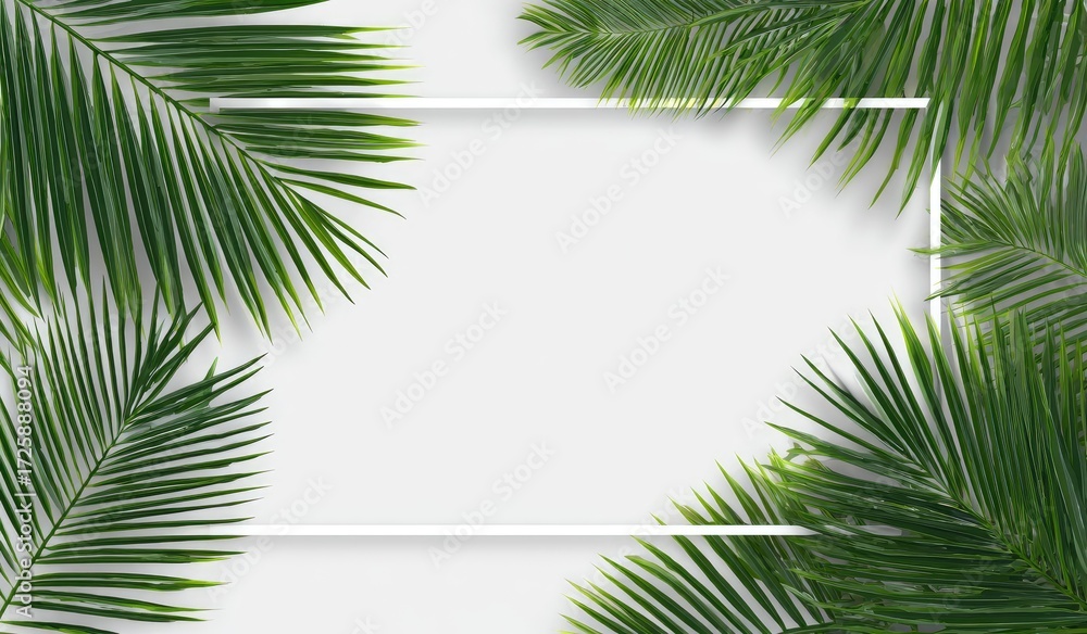 Fototapeta premium Tropical palm leaves frame a blank white space