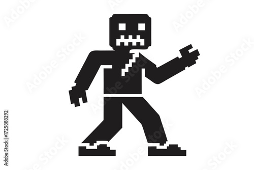 Pixelated monster with square features walks menacingly, its blocky frame casting an eerie shadow