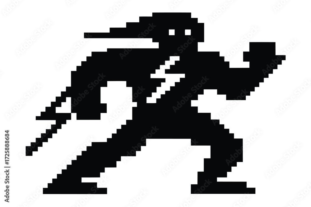 Fototapeta premium Pixelated ninja warrior runs with sword, showcasing lightning symbol on chest