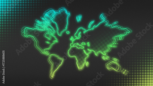 Neon Blue-Yellow World Map Outline Futuristic Glow Halftone Illustration