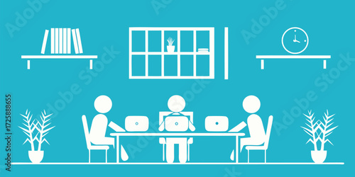 Coworking Space with Team Using Laptops – Modern Workplace and Business Collaboration Illustration