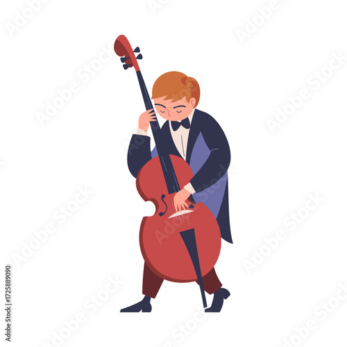 Man Musician Character Play Contrabass Musical Instrument Standing on Stage Vector Illustration