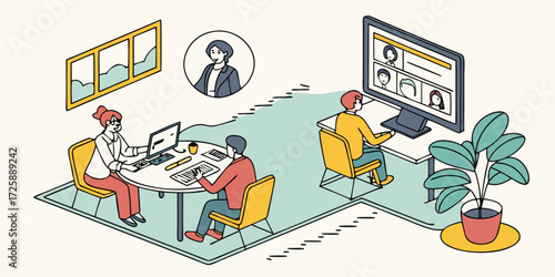 Hybrid business meeting with remote and office team illustration