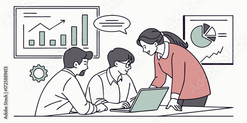 Team analyzing data in office meeting flat vector illustration