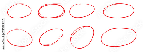 Set of hand drawn doodle red marker round frames. Red pen drawn marks, red circle set, highlight circle. Hand drawn marker doodle line stroke. Handwritten highlight red scribble circle.
