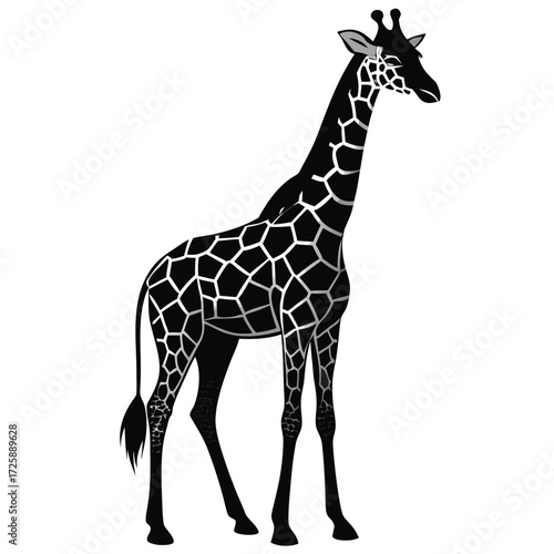 Elegant Black and White Giraffe Silhouette: Serene African Wildlife Vector Illustration
