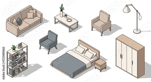 Isometric illustration of various furniture pieces for a living room and bedroom.