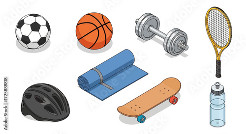 Isometric illustration of various sports equipment and accessories.