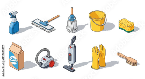 Isometric illustrations of cleaning supplies and equipment.