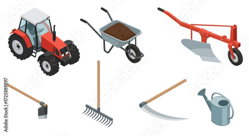 Isometric illustration of farm tools and equipment.