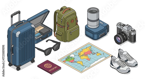 Packing essentials for a travel adventure: suitcase, backpack, camera, map, passport, and more.