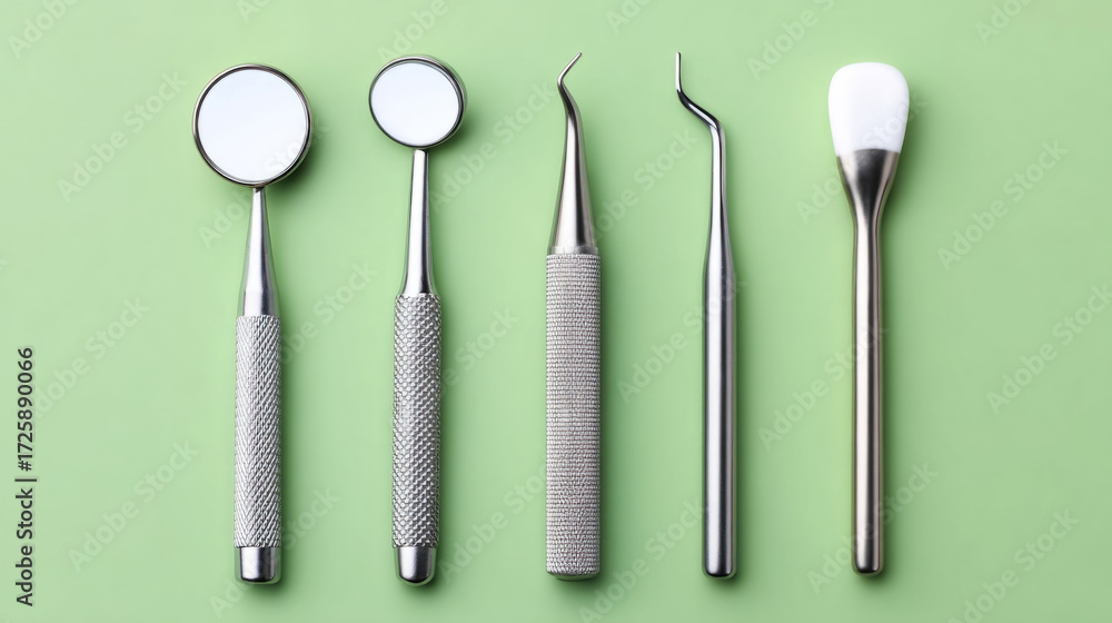 Fototapeta premium Set of professional dental tools on green surface