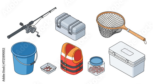 Isometric illustration of fishing equipment and accessories.