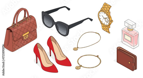 Isometric view of women's fashion accessories including handbag, shoes, sunglasses, jewelry, watch, perfume, and wallet.