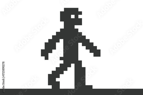 Pixelated silhouette of a person walking slowly on a ground, displayed in a retro style