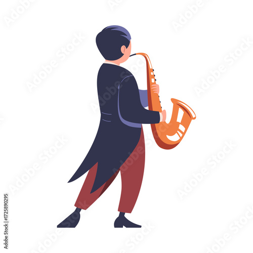 Man Musician Character Play Saxophone Musical Instrument Standing on Stage Vector Illustration