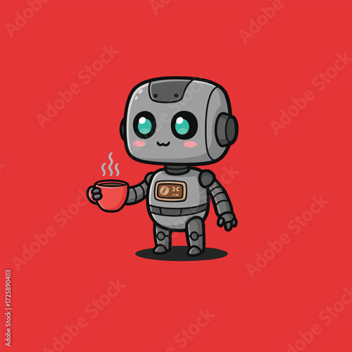 Cute Robot Character Holding Coffee Cup Cartoon Vector Illustration