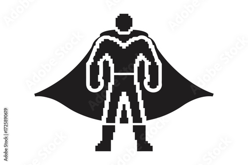 Pixelated silhouette portrays a powerful hero in a cape standing firmly, radiating strength and confidence