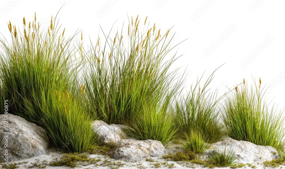 Fototapeta premium Lush grass and rocks against a white background. A variety of grasses with light tan seed heads cluster around light gray rocks. Mossy areas are visible among the rocks