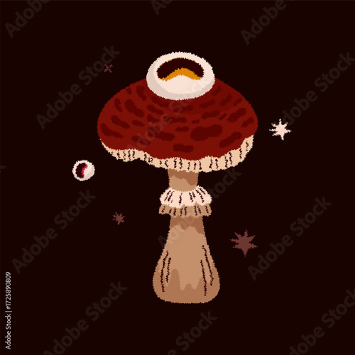 Magic mushroom with eye. Psychedelic hallucinations. Mysterious autumn witchy forest. Vector illustration.