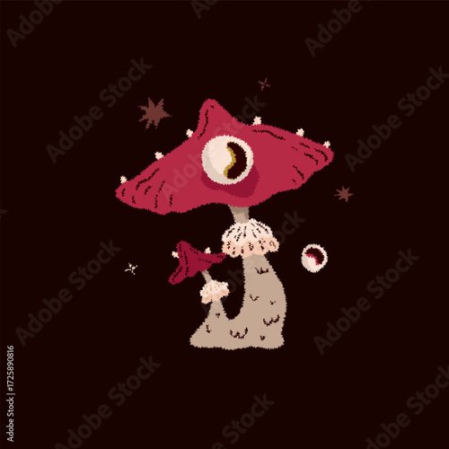 Magic mushroom with eye. Psychedelic hallucinations. Mysterious autumn witchy forest. Vector illustration.