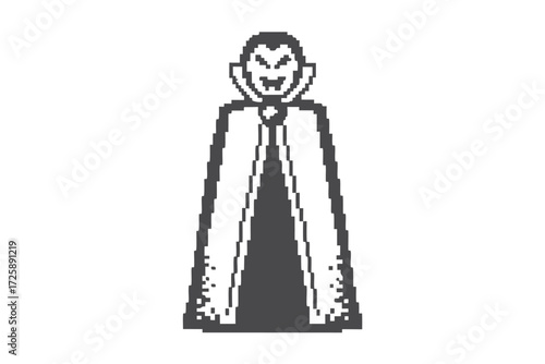 Pixelated smiling vampire wearing a cloak showcases classic Halloween charm and retro aesthetic