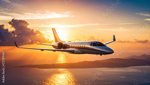 Wallpaper Mural Private jet flying over ocean at sunset with stunning cloudscape horizon Torontodigital.ca