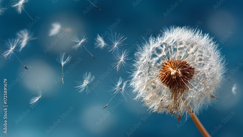 Fototapeta premium Delicate dandelion seeds gracefully drift on a gentle breeze against a vivid blue sky, symbolizing new beginnings and the ephemeral beauty of nature