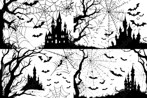 Haunted House with Bats and Spider Web Silhouette Bundle