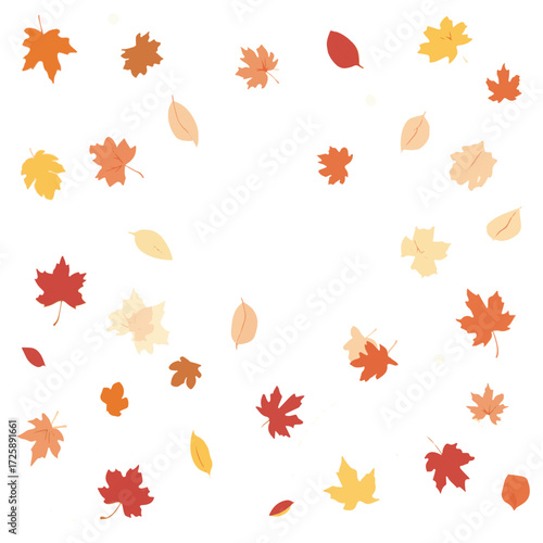 Flat design autumn background with simple, clean shapes of falling leaves in warm golden, and crimson hues, set against a soft cream-colored sky with subtle gradient effects with png transparent
