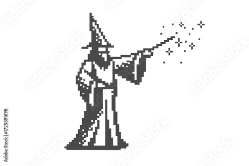 Pixelated sorcerer wearing a pointed hat casts a magic spell with a staff
