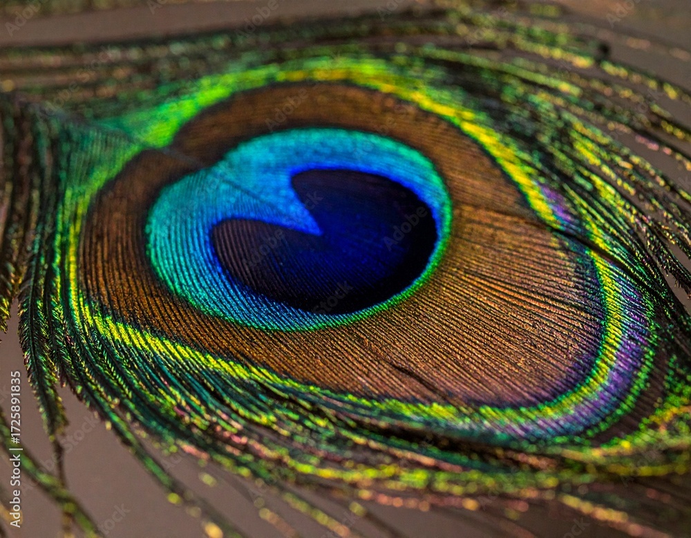 Fototapeta premium Peacock feather displaying iridescent colors in close up macro shot
