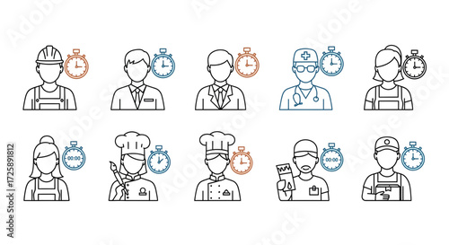A diverse set of professional worker line icons with clocks, illustrating concepts of time management, productivity, deadlines, and working hours