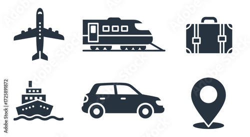 Set of transportation icons including airplane, train, ship, car, and luggage, representing travel and logistics