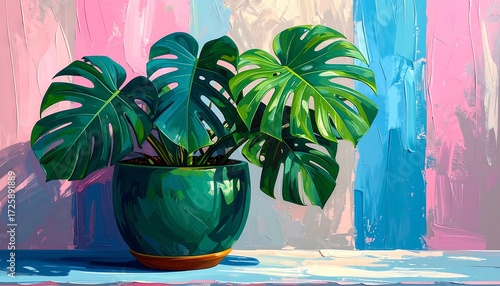 Vibrant digital painting of a potted Monstera deliciosa plant against a colorful, textured background