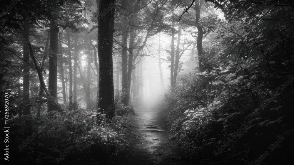 Naklejka premium Moody monochrome forest path, fog-shrouded, trees tall, nature's beauty in a grayscale scene