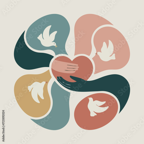 Scalable vector illustration of dove in geometric sky, globe with peace symbols, group holding hands circle, and abstract harmony elements, perfect for International Day of Non-Violence campaigns.