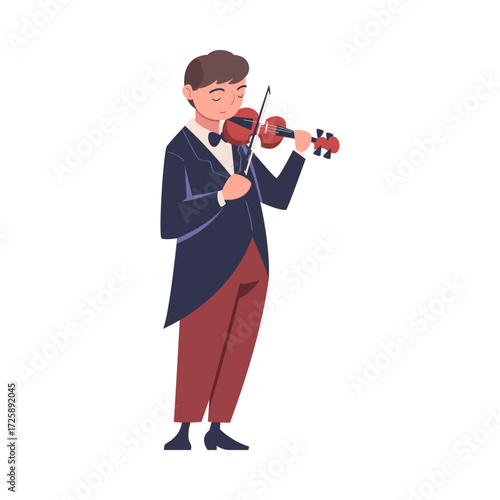 Man Musician Character Play Violin Musical Instrument Standing on Stage Vector Illustration