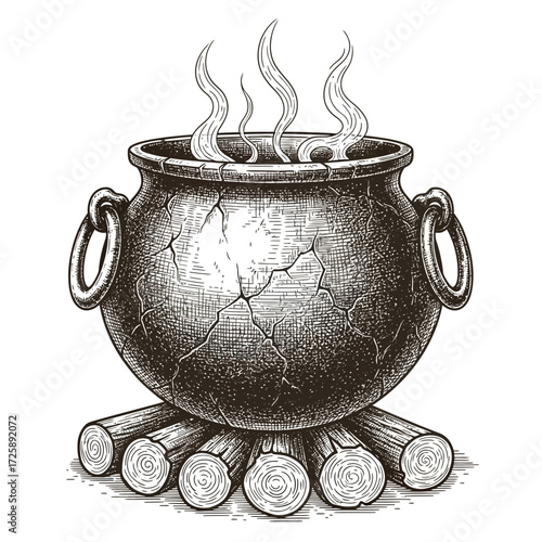 Vintage Witch Cauldron Engraving Illustration