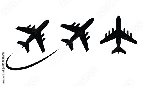 Minimalist black and white illustration of three aircraft silhouettes with side, front, and flying view including trajectory line