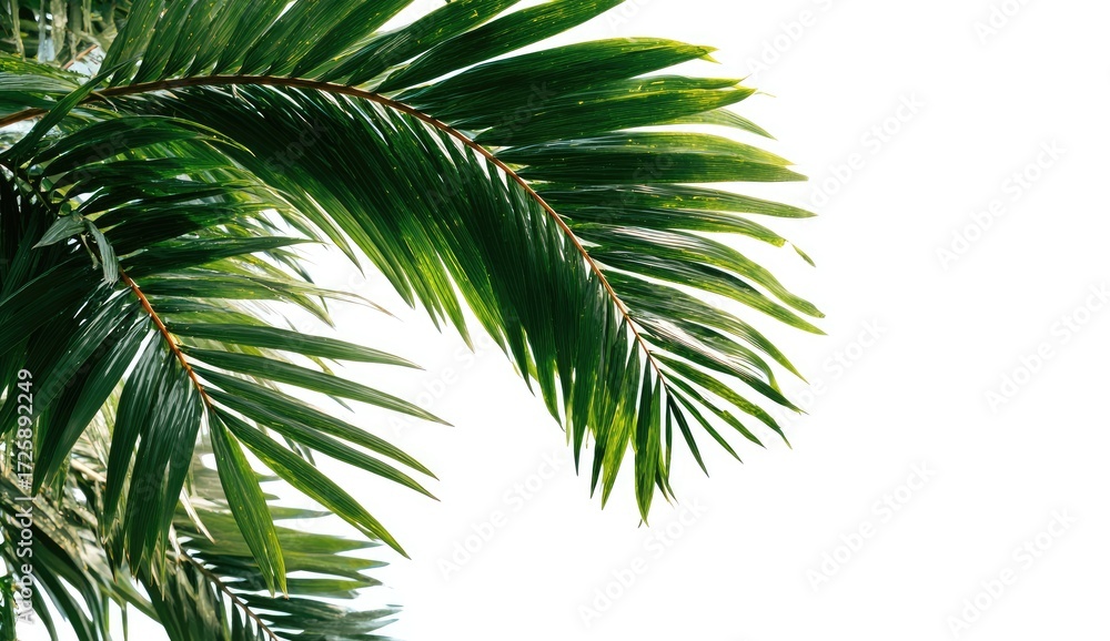 Fototapeta premium Close-up of vibrant green palm fronds against white background (1)