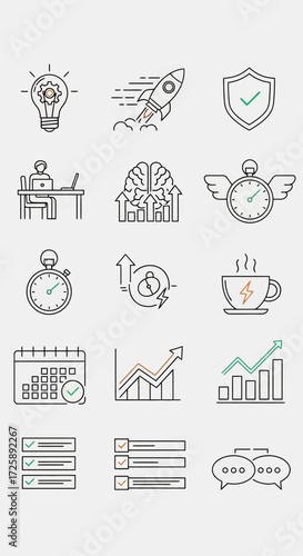 Dynamic Business Strategy Icons Boost Your Startup's Productivity, Innovation, and Growth with Essential Workflow Management and Analytical Elements