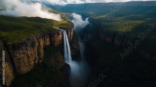 Majestic waterfall cascading into lush canyon scenic nature landscape aerial viewpoint captivating natural wonder